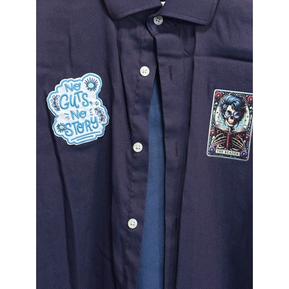 Blue Button Up Long Sleeve Slim Fit Stretch Shirt Size L 16.5" 32/33 Patches - Picture 2 of 8